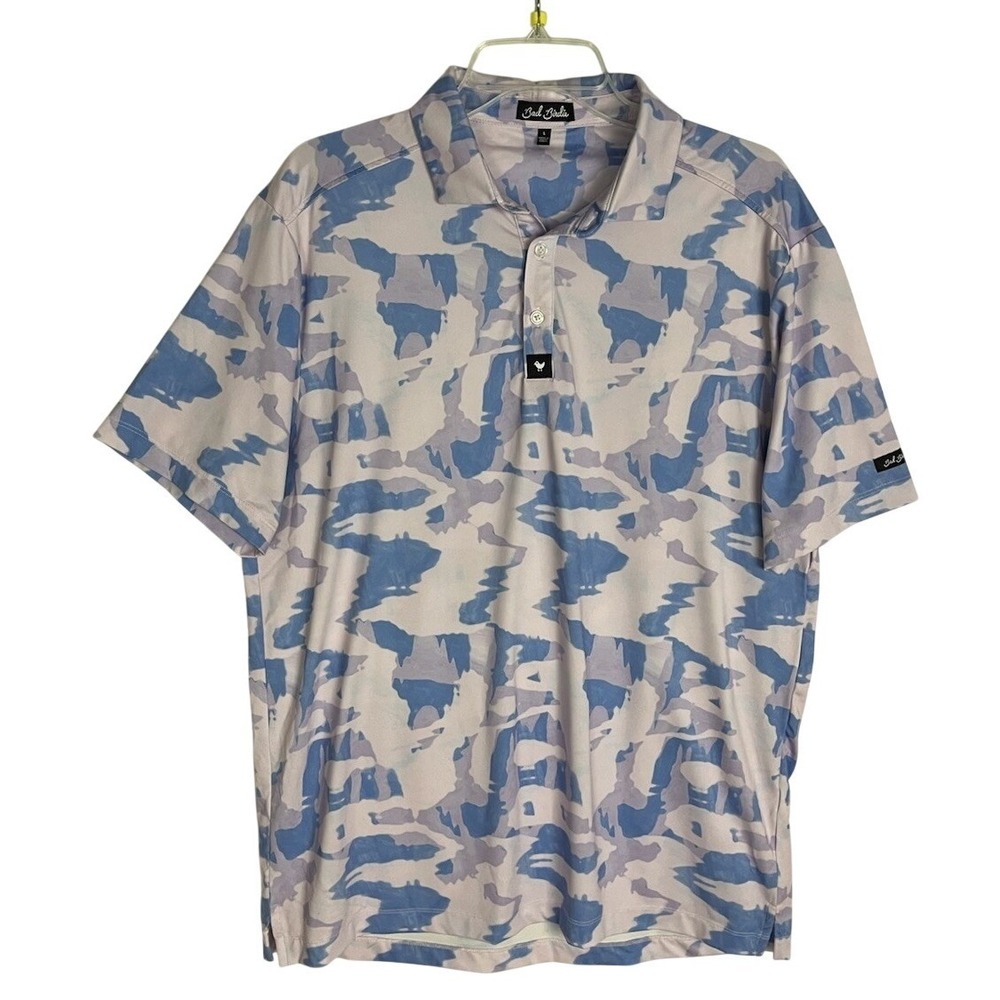 Bad Birdies Polo Size LARGE Camouflage Blue/lavander & Pink Short Sleeve